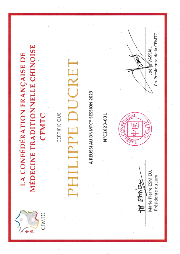 photo diplome Philippe DUCRET -Cabinet de MTC SHEN MING