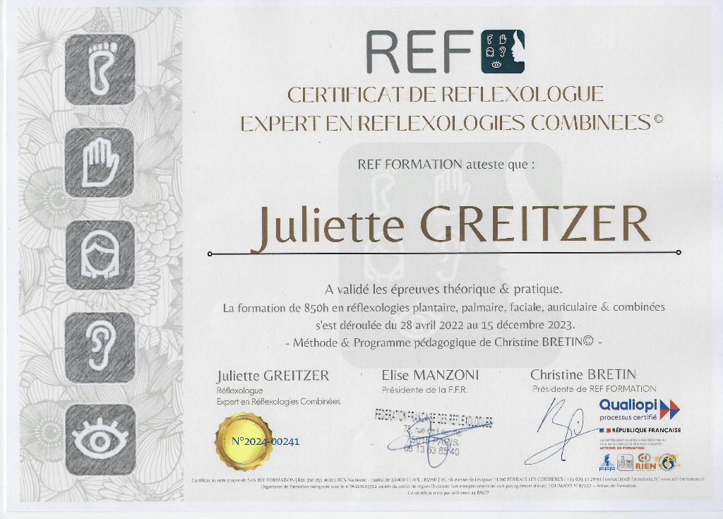photo diplome Juliette Greitzer Réflexologue