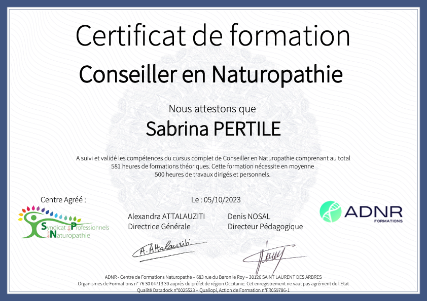 photo diplome Sabrina Pertile Conseillère en Naturopathie