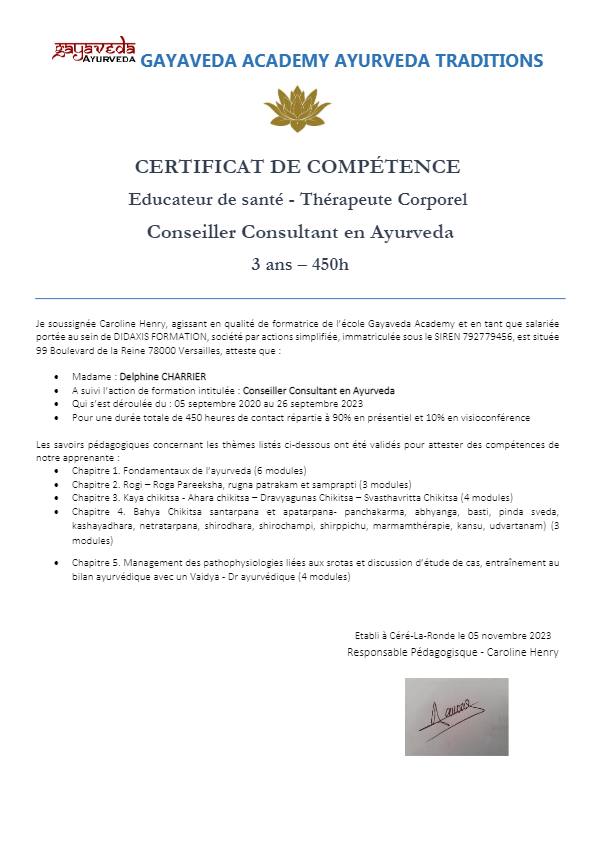 photo diplome Delphine CHARRIER Ayur&sens