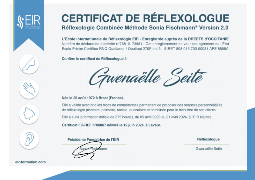 photo diplome Gwénaëlle Séité Réflexologue