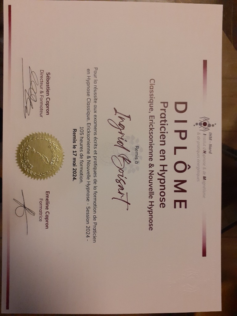 photo diplome Ingrid Boisart "cabinet Hypnose et Bien-être"