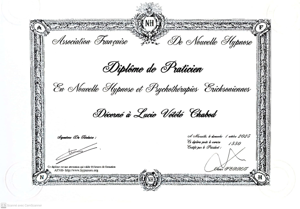 photo diplome Hypnestime - Lucie CHABOD