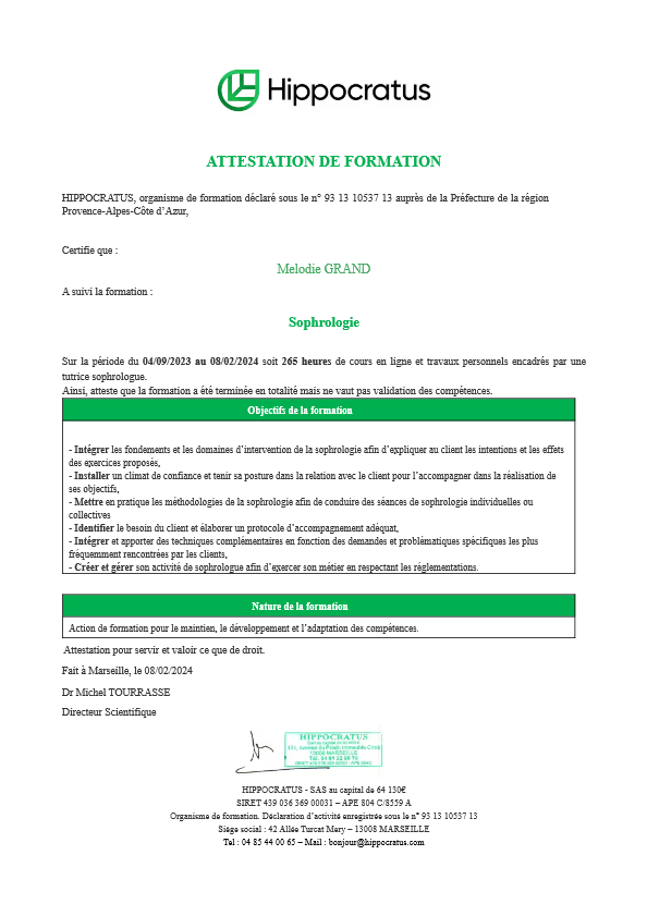 photo diplome Mélodie - Ateliers Sérénithé