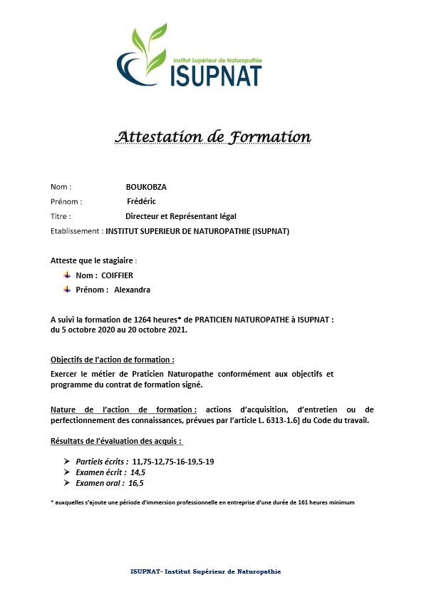 photo diplome Alexandra COIFFIER Naturopathe