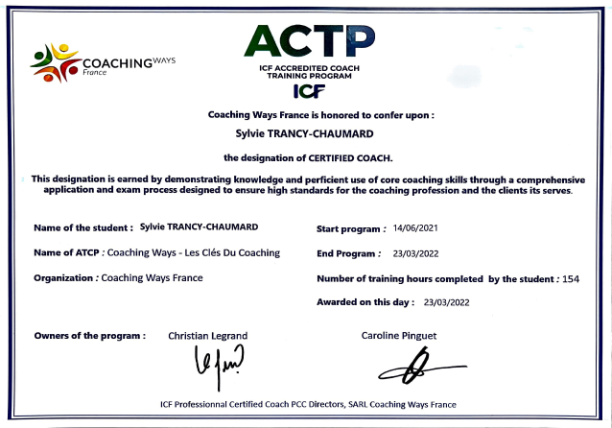 photo diplome Sylvie TRANCY-CHAUMARD - Cabinet Syl’Evol