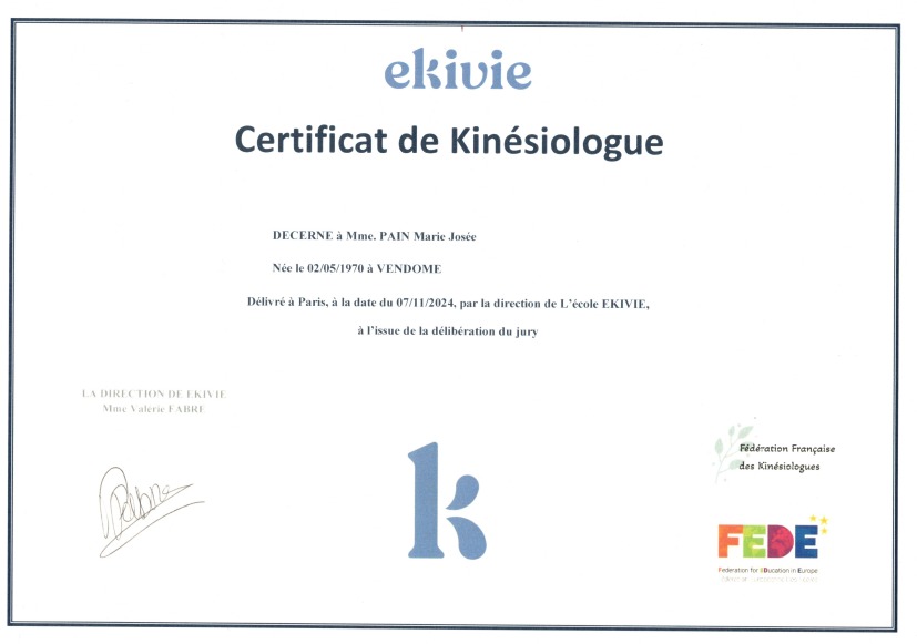 photo diplome MARIE JOSE PAIN - Kinésiologue certifiée