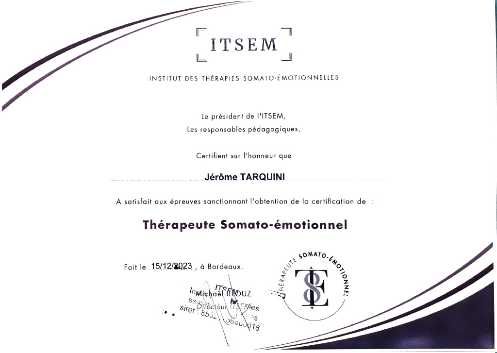 photo diplome Jerome TARQUINI Therapeute Somato Emotionnel (TSE)
