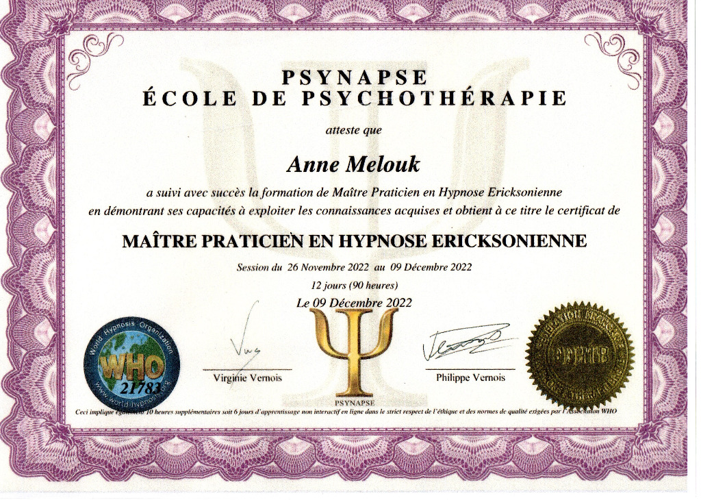 photo diplome Anne MELOUK Alsace Hypnose