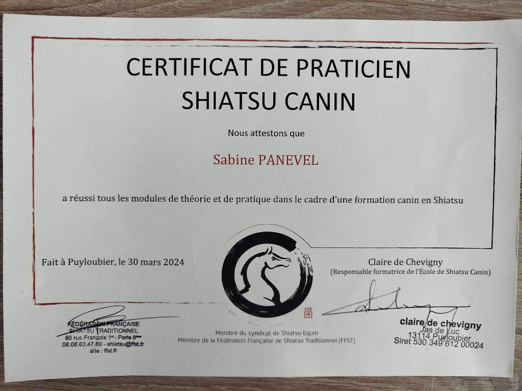 photo diplome Sabine Shiatsu Animalier