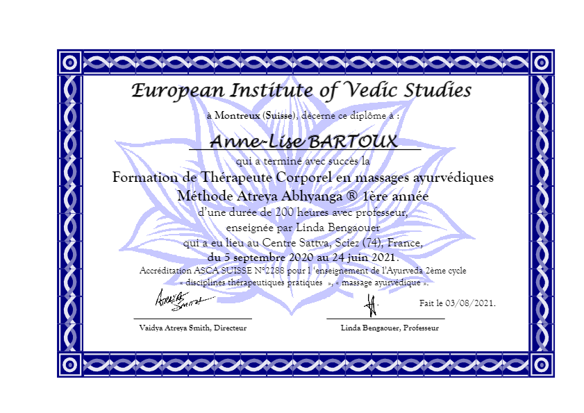 photo diplome Annecy Ayurveda -Anne-Lise Bartoux