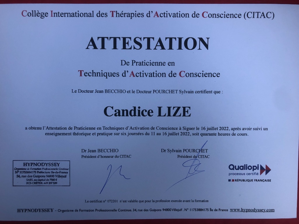 photo diplome Candice Lizé - Hypnotope