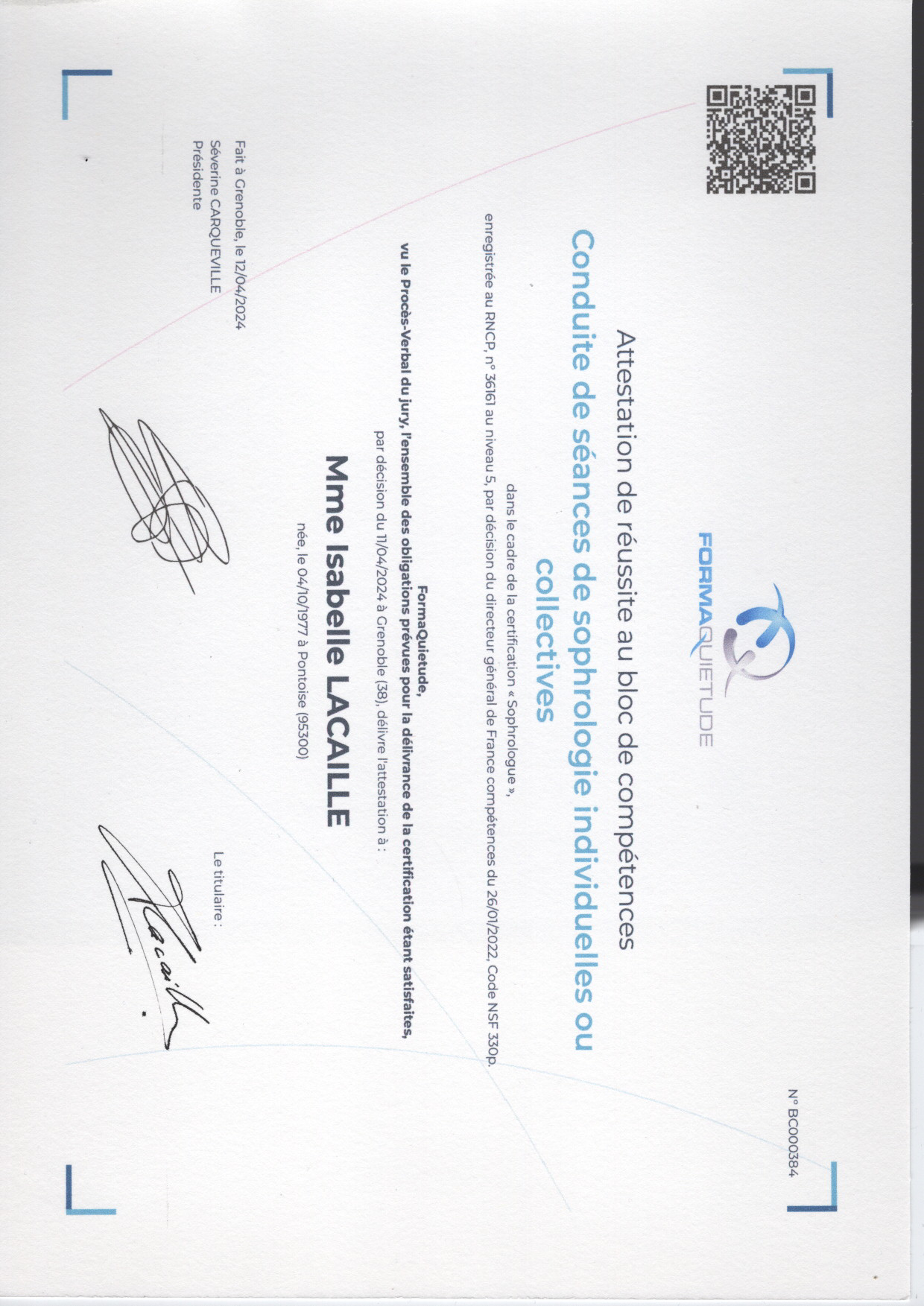 photo diplome Isabelle Lacaille 