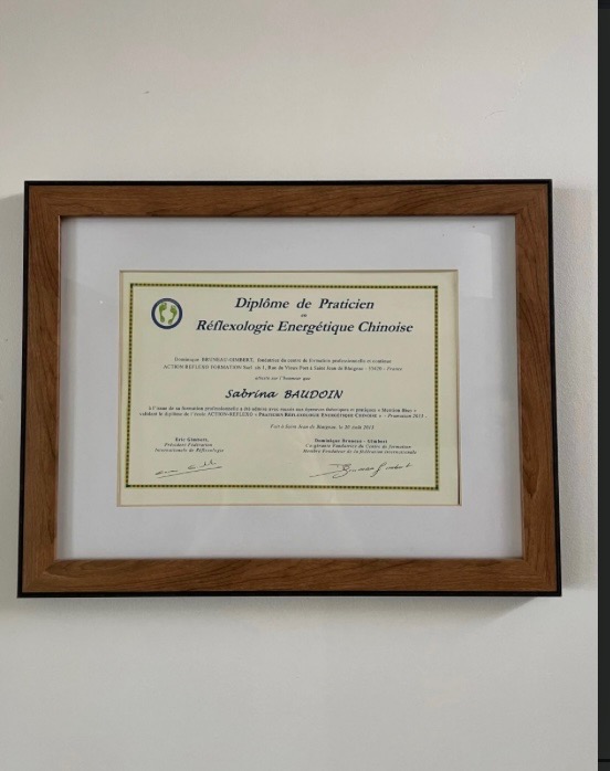 photo diplome Cabinet de réflexologie Sabrina Baudoin Ellul