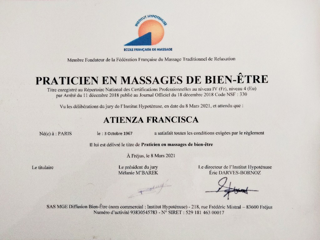 photo diplome Senpaga Massage Bien-être 