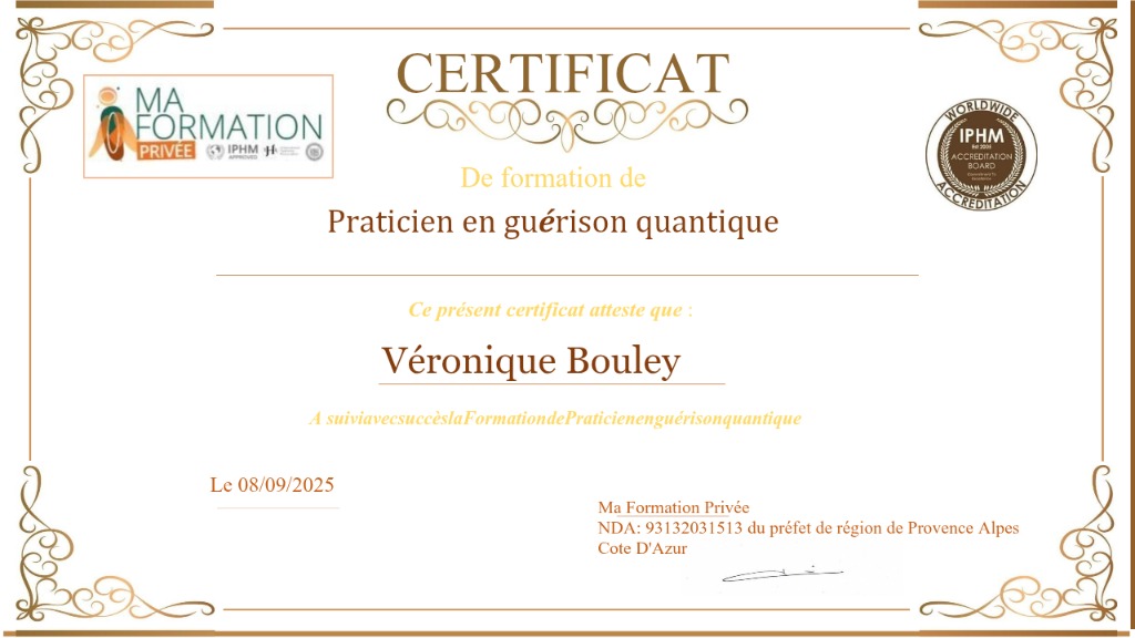 photo diplome Véronique BOULEY, Voyante, Energéticienne, Coach