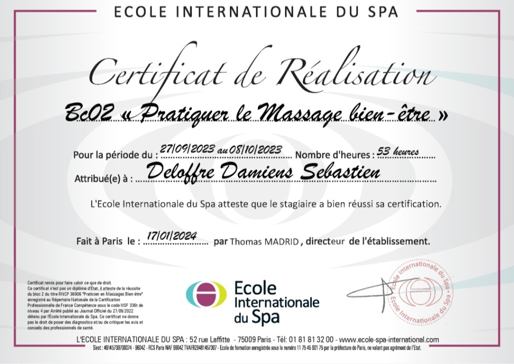photo diplome MANAWA Massage bien-être 