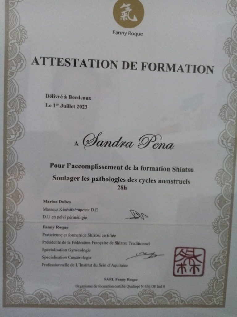 photo diplome Intuitives, shiatsu au féminin