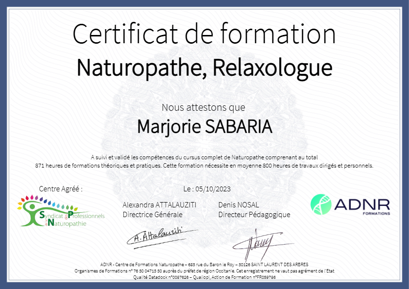 photo diplome Marjorie Sabaria -Naturofeel