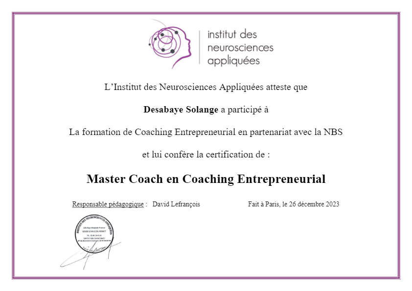 photo diplome Solange Desabaye Coaching