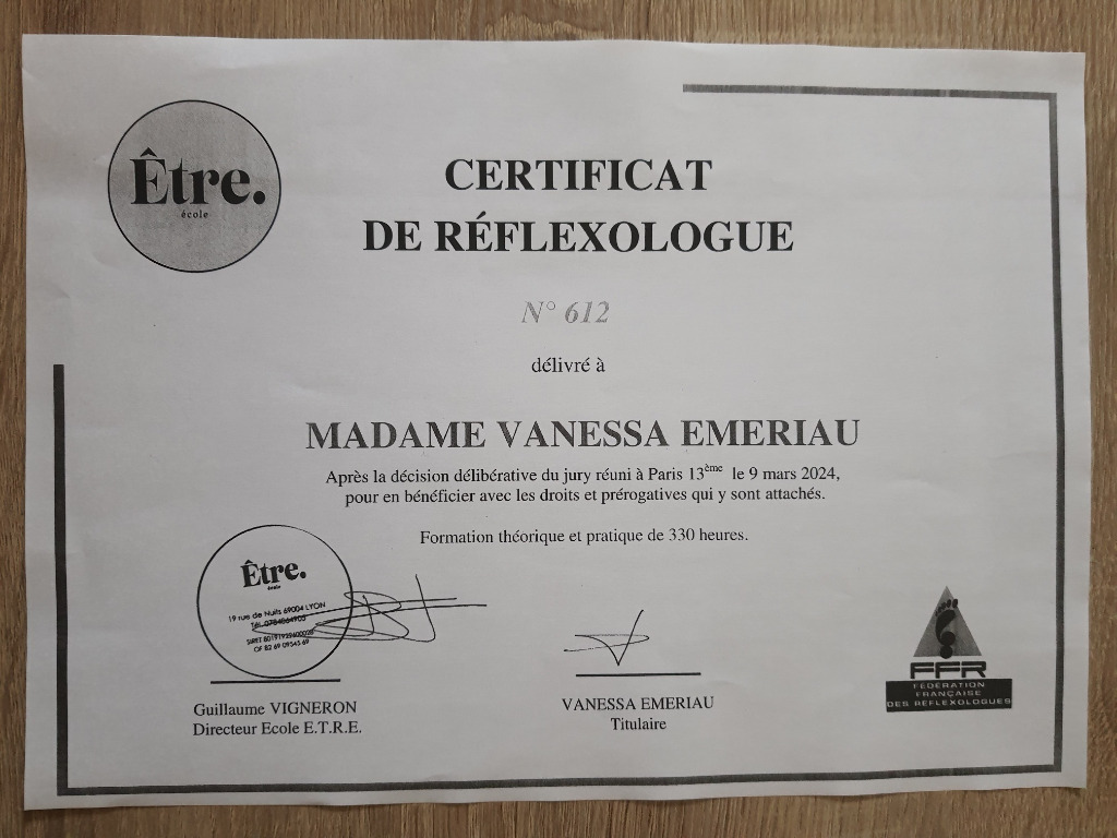 photo diplome REFLEXOLOGIE VANESS