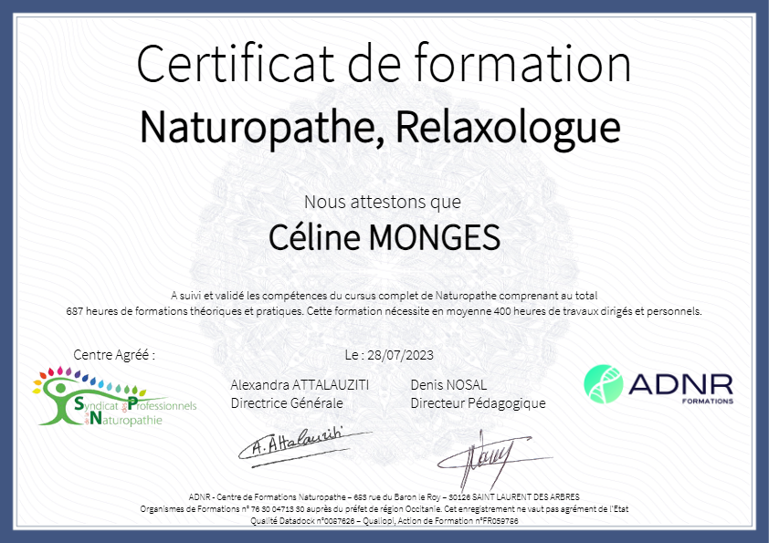 photo diplome Céline Monges Naturopathe & Relaxologue
