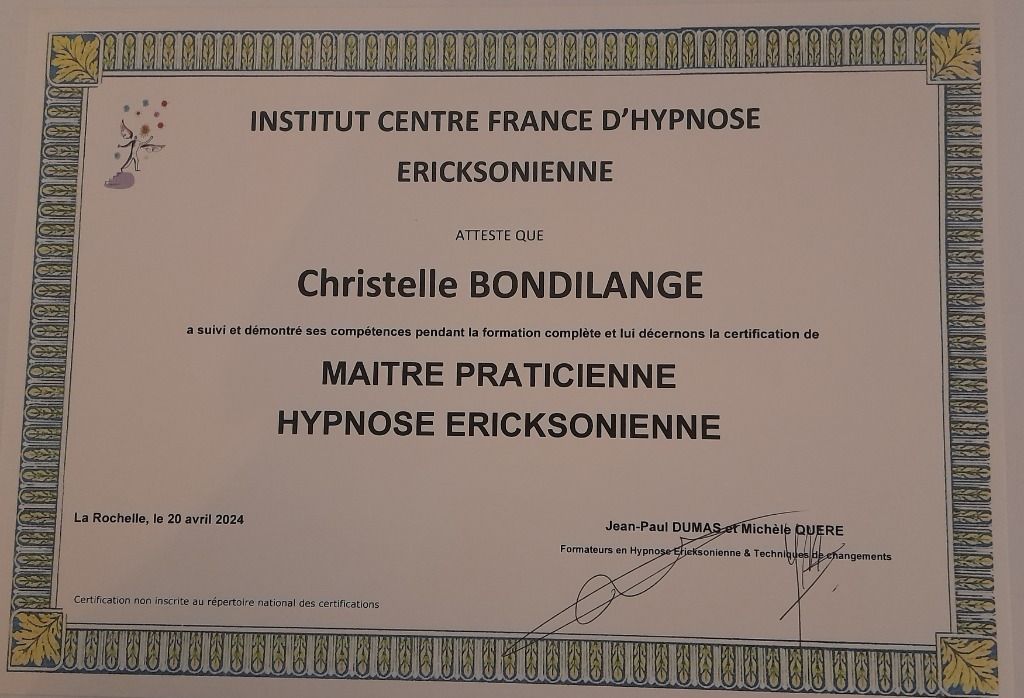 photo diplome Christelle BONDILANGE - Hypn’Ose