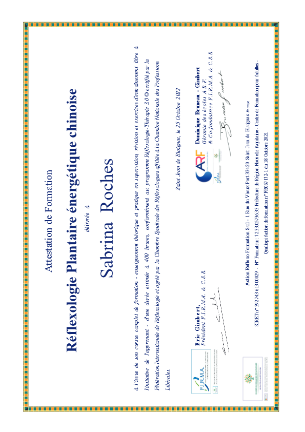 photo diplome Sabrina Roches Réflexologue