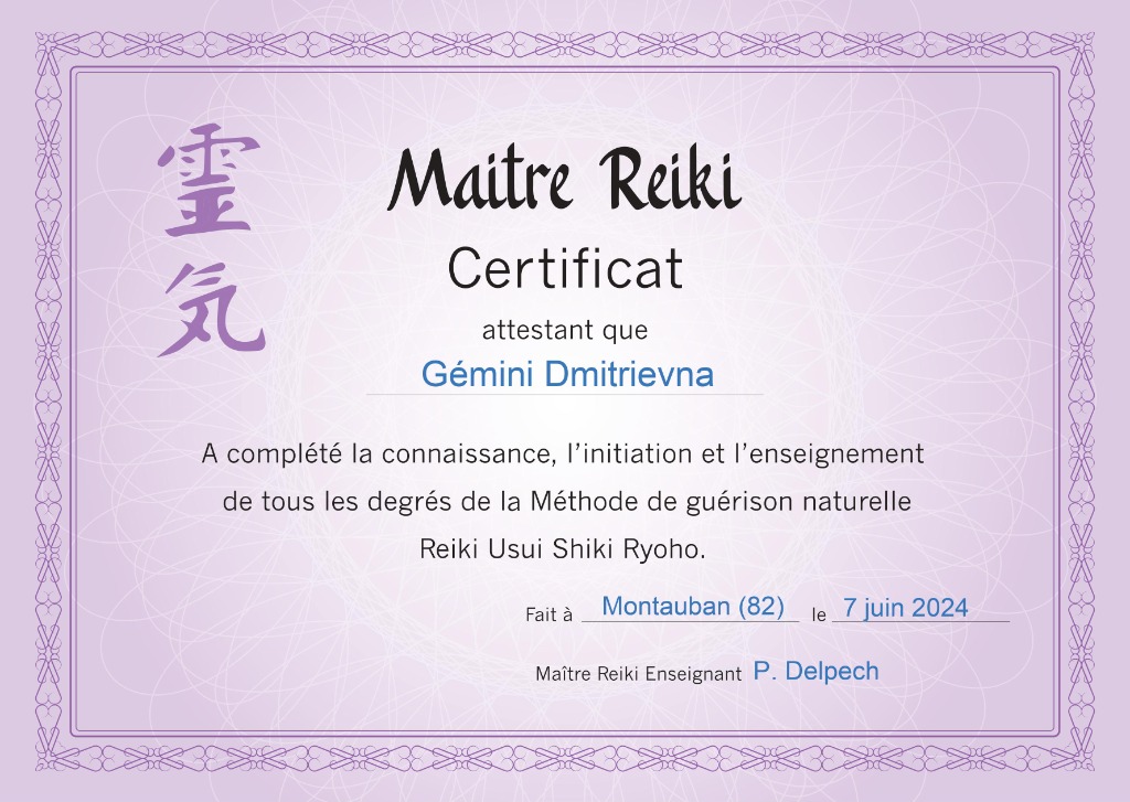 photo diplome EIRL Gémini Dmitrievna