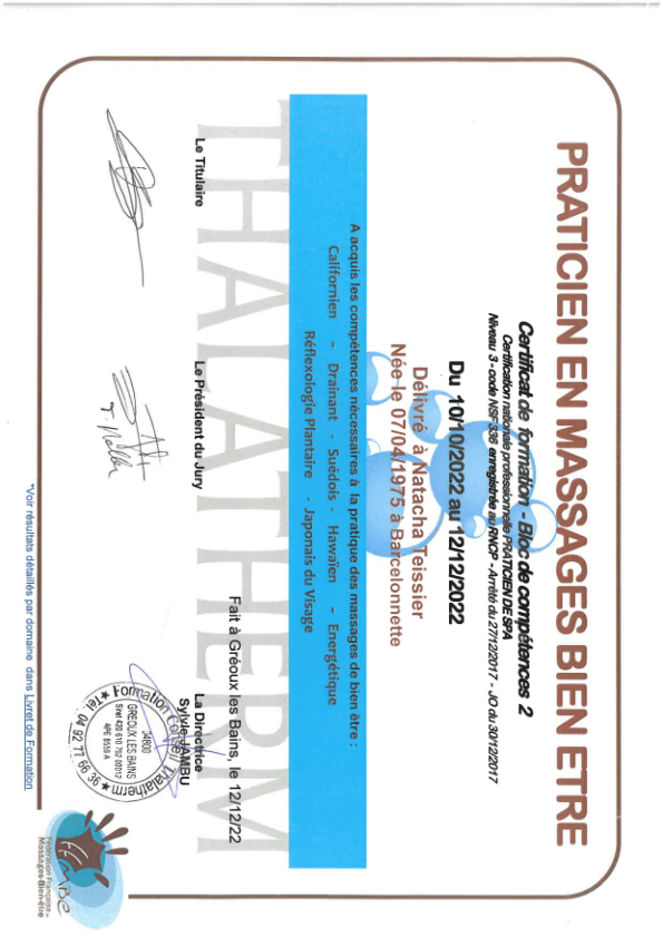 photo diplome Natacha Teissier.Massages