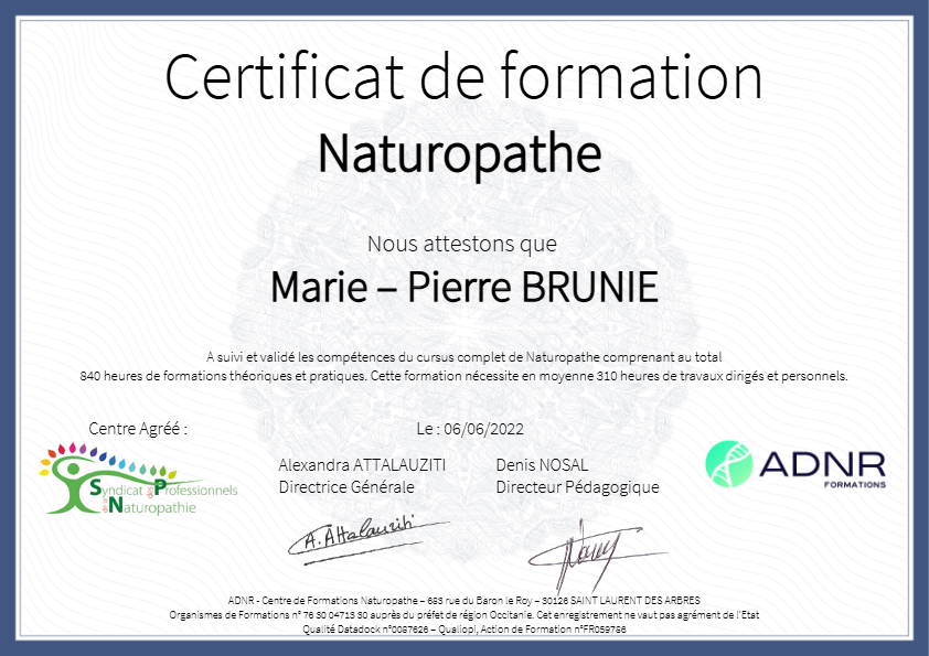 photo diplome Marie Pierre Brunie - Naturopathie Réflexologie