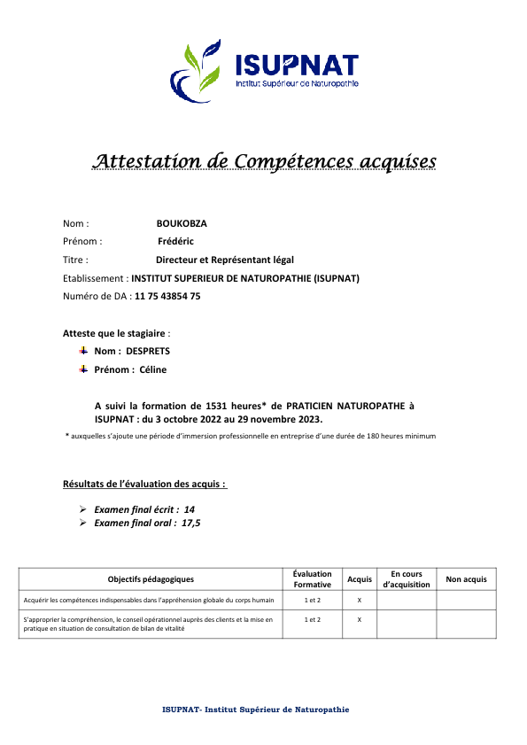 photo diplome Céline Desprets Naturopathe