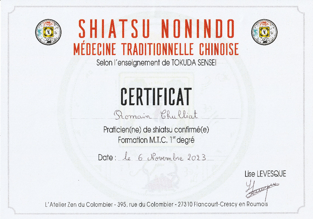 photo diplome Shiatsu Bressuire