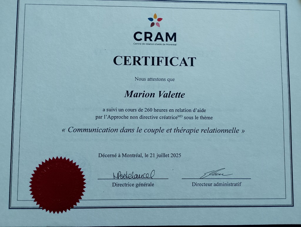 photo diplome Marion Valette Thérapeute