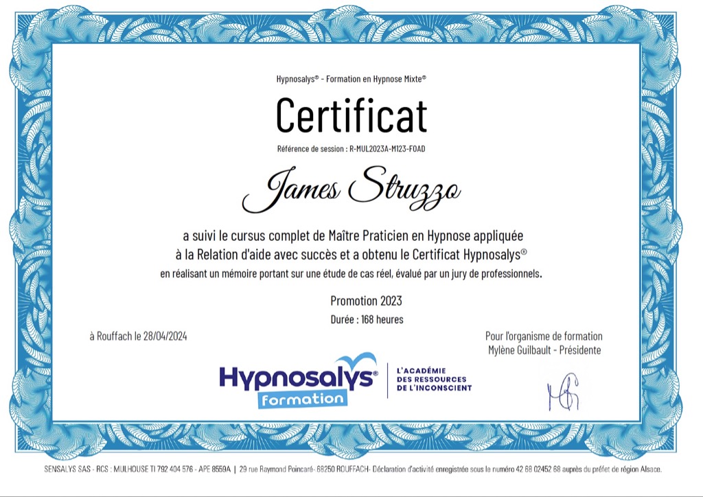 photo diplome James hypnotherapeute