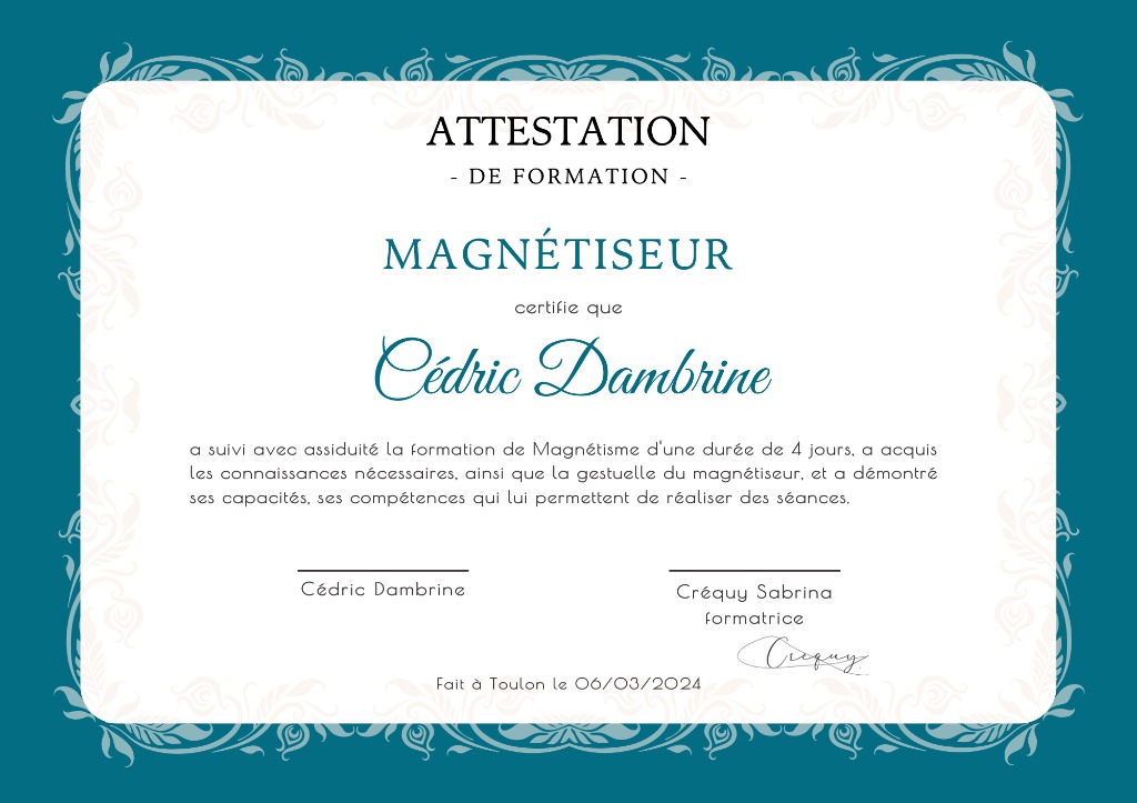 photo diplome Cédric Dambrine-Magnetiseur
