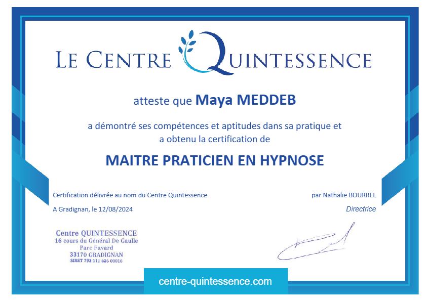 photo diplome Maya HypnoHarmony