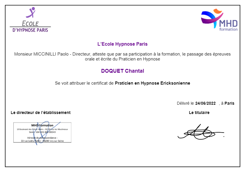 photo diplome STS HYPNO COACHING