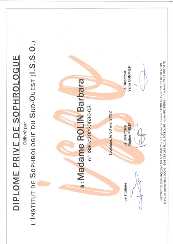 photo diplome Barbara Rolin Sophrologue