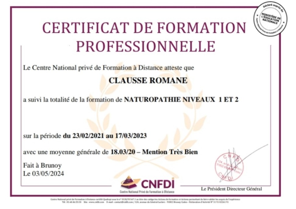 photo diplome Nadea Naturopathe