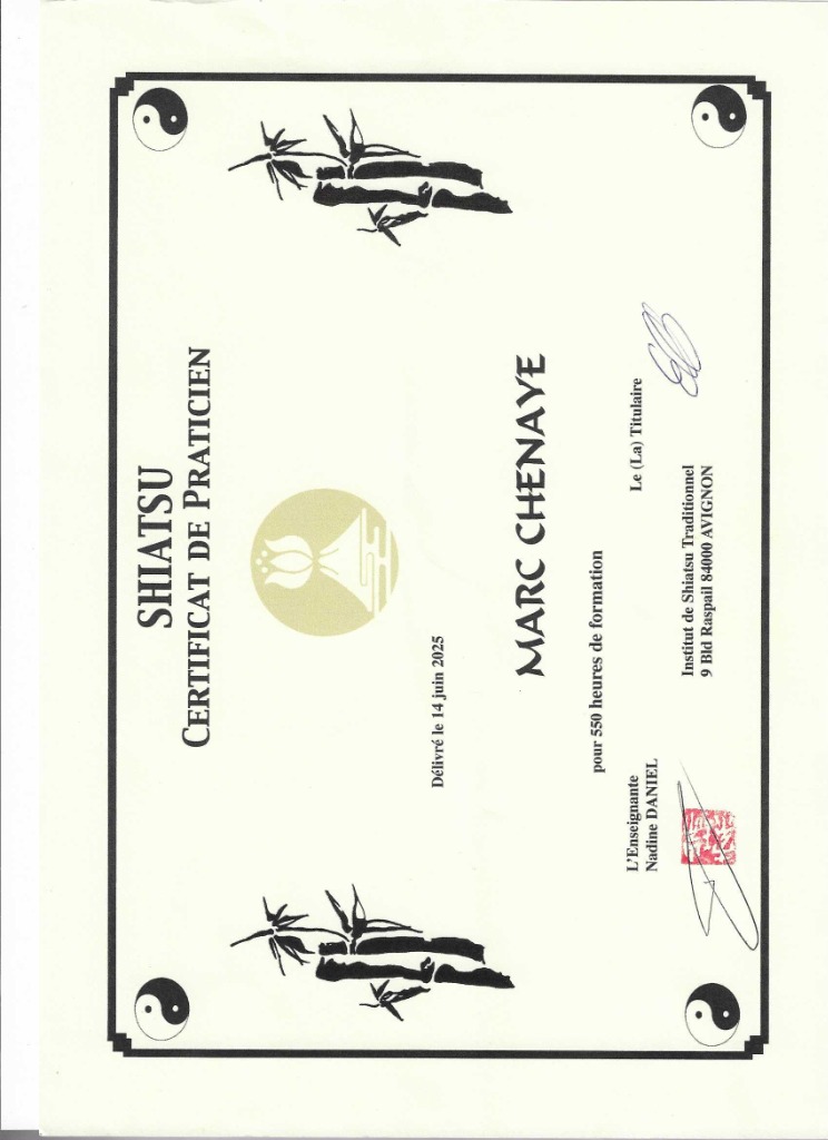 photo diplome Chenaye Marc praticien shiatsu traditionnel