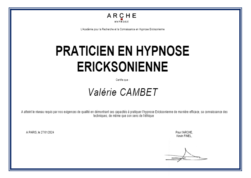 photo diplome Valérie Cambet - Praticienne en hypnose | Coach