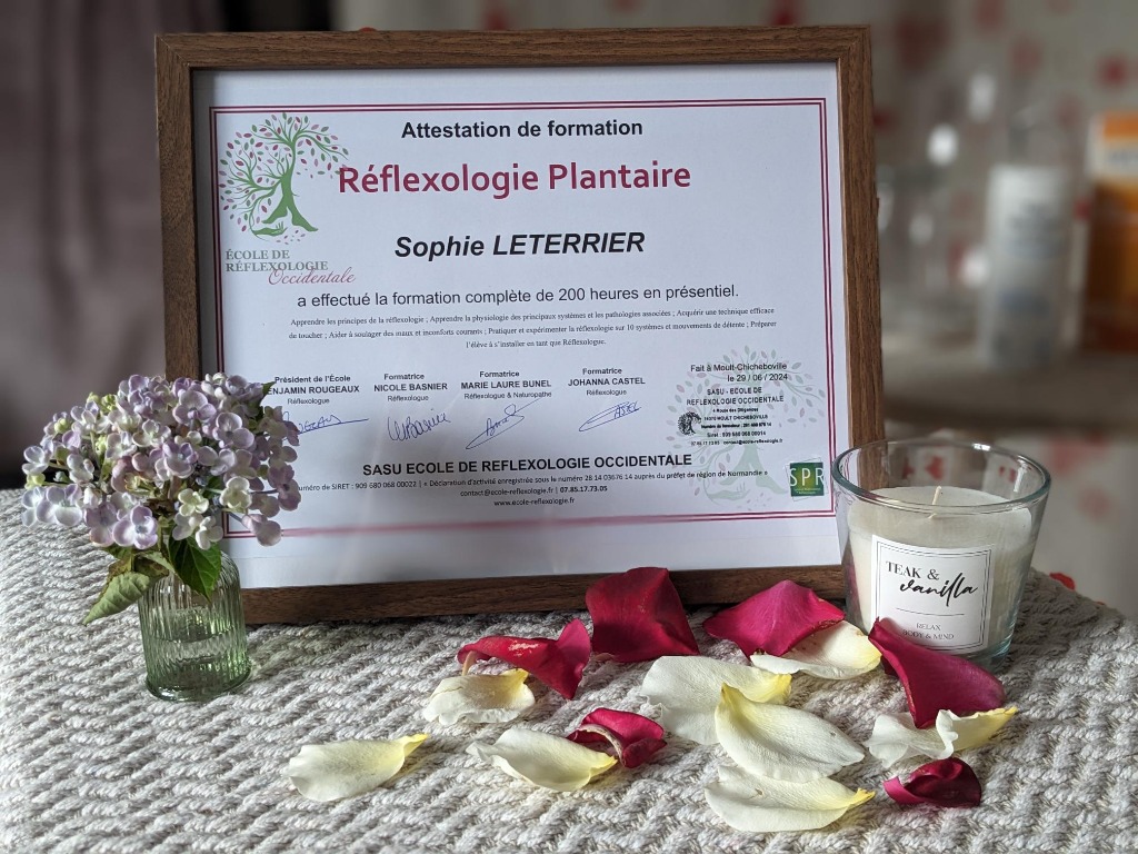 photo diplome Sophie LETERRIER REFLEXOLOGIE