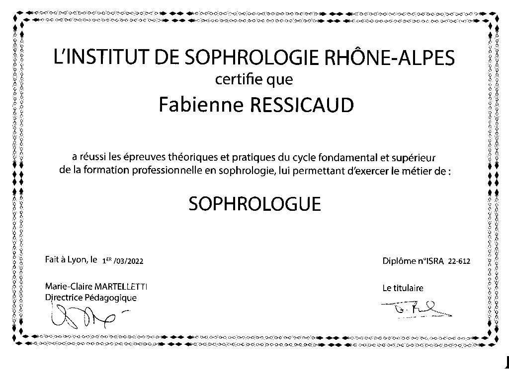 photo diplome Fabienne RESSICAUD Sophrologue Un Espace En Soi