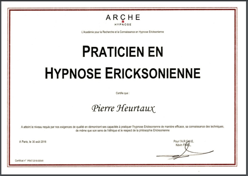 photo diplome P. Heurtaux Hypnothérapeute Coustellet
