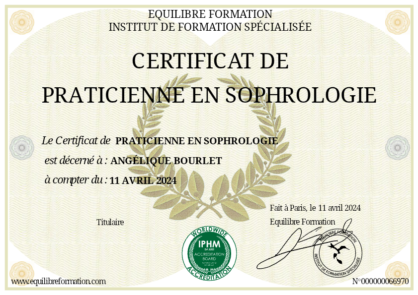 photo diplome ANGELIQUE ET LA SOPHROLOGIE