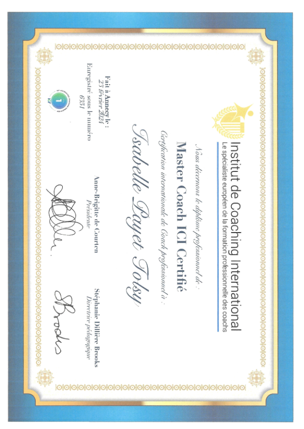 photo diplome Isabelle Payet - Coaching’Bel