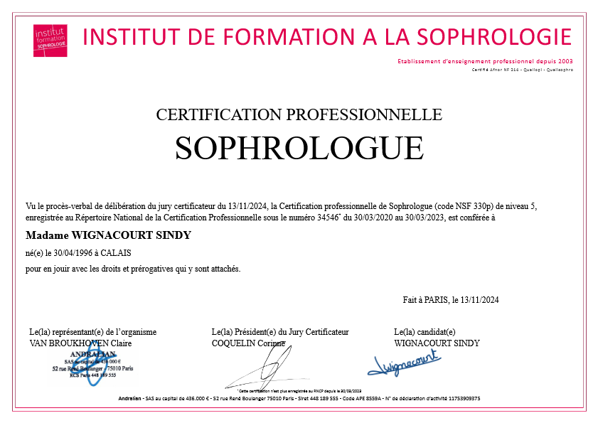 photo diplome Sindy sophrologie