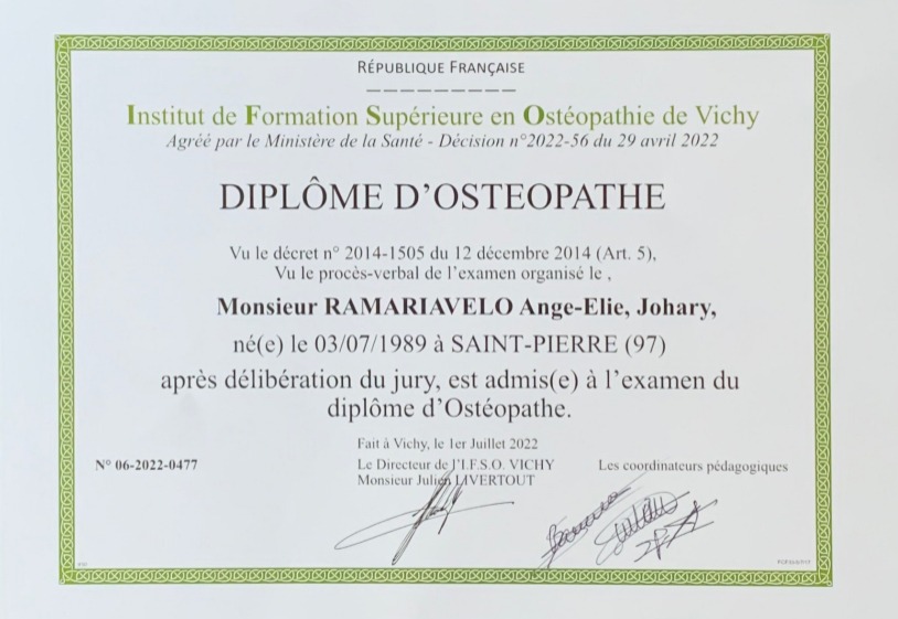 photo diplome Mon Ostéopathe Chambéry - Angi Rama
