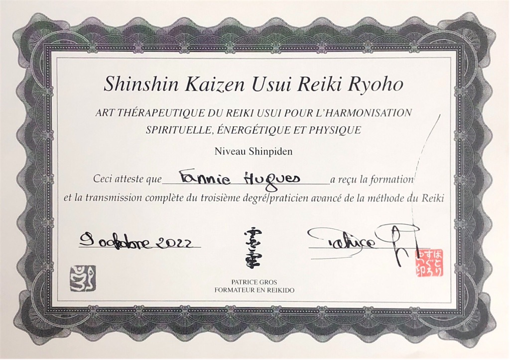 photo diplome Fannie HUGUES - Reiki / Lahochi